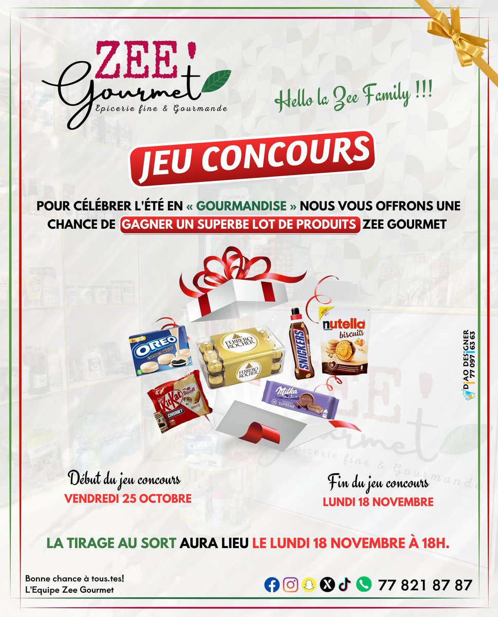 ZeeGourmet's tweet image. 🗓️ Fin du jeu concours : Le tirage au sort aura lieu le 18/11. 
Les noms des 2 gagnants seront dévoilés sur nos pages.
💝 La remise des Lots gagnants se fera à la boutique#food #epicierie #team221 #sagnssesenegal #jeuxconcours #chocolat #kinder #nutella #nioccolata #epices