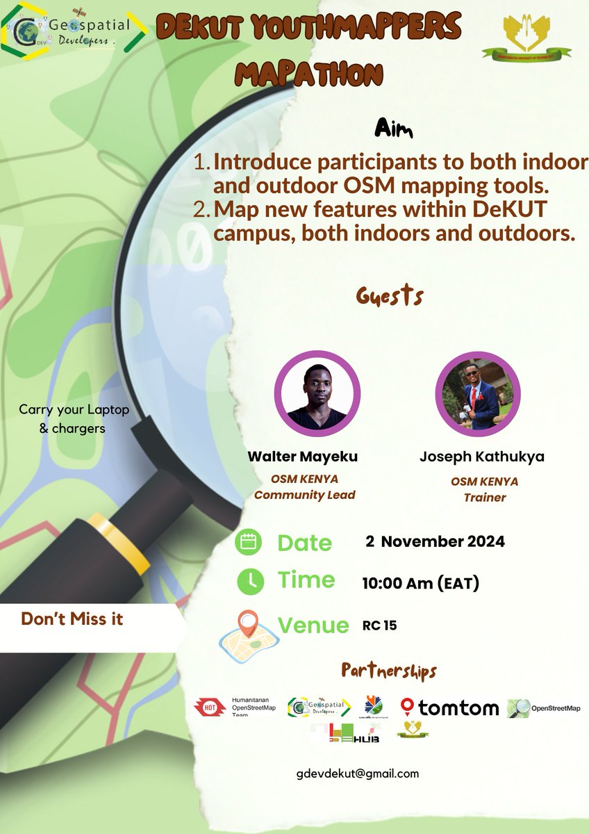 🚨 Join us for the DeKUT YouthMappers Mapathon in collaboration with <a href="/openstreetmap/">OpenStreetMap</a>!
🗓️ Date: 2nd November 2024
🕙 Time: 10:00 AM EAT
📍 Venue: RC 15, DeKUT
Let's map new features on campus—indoors &amp; outdoors! 💻
Special guests: @WalterMayeku &amp; @JosephKathukya 
#YouthMappers #OSM