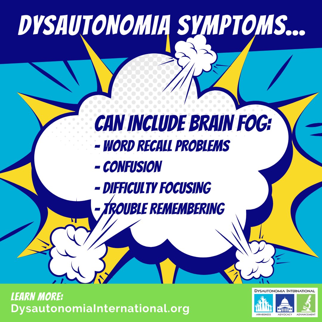 Dysautonomia's tweet photo. Brain fog, also known as cognitive impairment, is a very common symptom in people who have various forms of dysautonomia. It can cause problems with word recall, memory, attention and concentration, making work or school activities difficult. #DysautonomiaAwarenessMonth https://t.co/stMCBgaljD