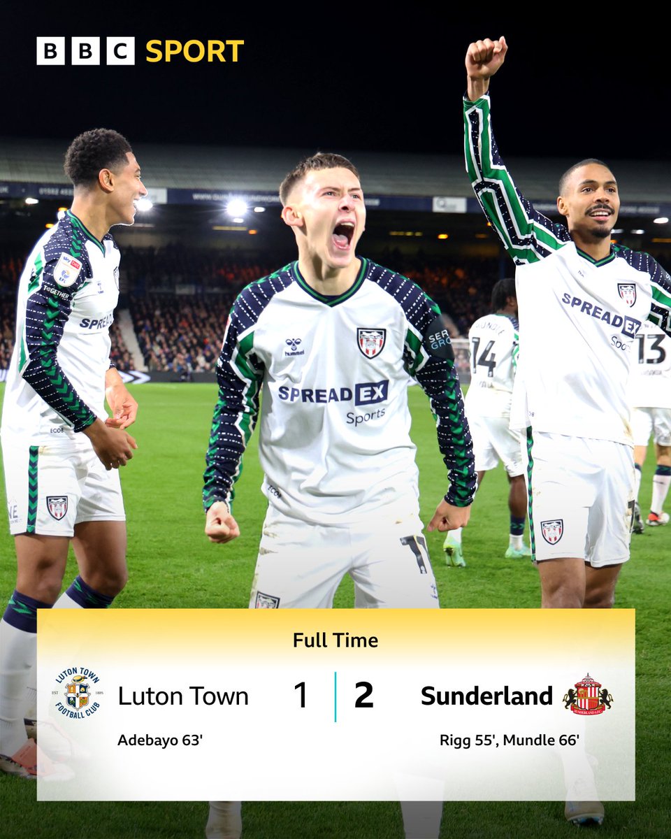 🔴⚪️Full Time⚪️🔴

Sunderland claim all three points at Kenilworth Road.

Read more: bbc.in/3YBrXTa

#SAFC | #lutsun | #BBCFootball