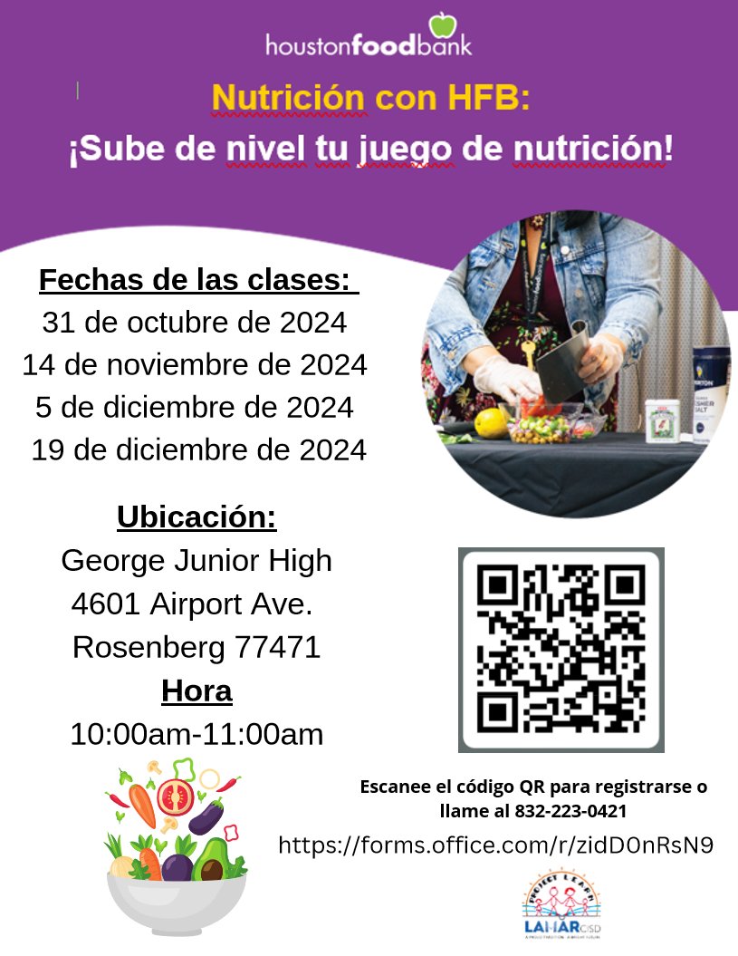 twintori's tweet photo. Our Nutrition Class Series is BACK! Join us and explore delicious and nutritious meals for the whole family! Please scan the QR code to register or call 832-223-0421 to register. Click the link below to register: https://t.co/oo1F4HSWxv 
@LamarCISD  @HoustonFoodBank https://t.co/Ph4ZBatoKB