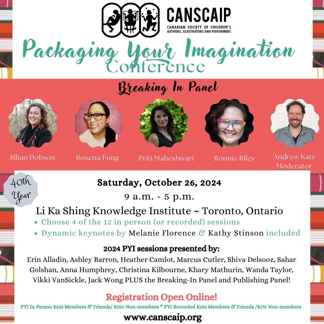One of our conference favourites! “Breaking-In Panel” with newly published #kidlit creators <a href="/jillian_dobson/">𝕁𝕚𝕝𝕝𝕚𝕒𝕟 𝔻𝕠𝕓𝕤𝕠𝕟</a> <a href="/rosenafung/">Rosena Fung</a>  @pritimaheshwari7 <a href="/mxronnieriley/">@mxronnieriley everywhere else</a>,  host <a href="/andrewkatzbooks/">Andrew Katz JACKIE'S DRAWING MAY 2025</a> . PACKAGING YOUR IMAGINATION #PYI2024 In-person &amp; recorded options. Info: canscaip.org/PYI-Conference