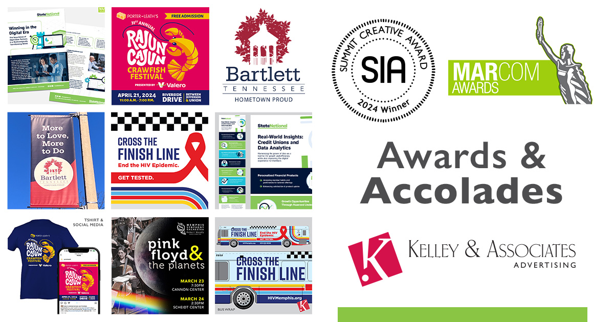 kelleyadv's tweet photo. Big news! Kelley &amp; Associates is celebrating a
@summitawards and 5 @MarCom_Awards in 2024! Our work spans branding, public service, festival promotion, &amp; more. Thank you to our amazing clients and team for making this possible! https://t.co/R8PSfFPwoq