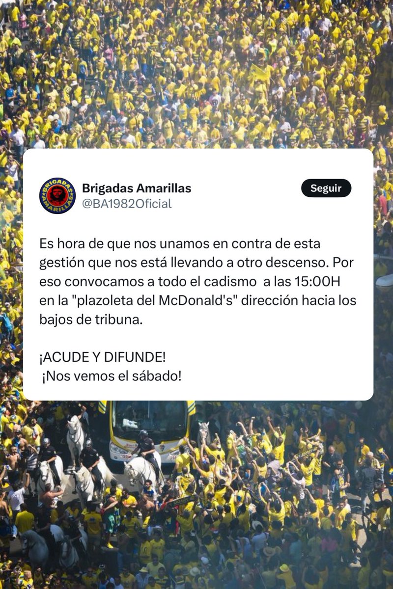 ¡¡¡Máxima difusión!!! 

Esta directiva es la máxima responsable de todo lo que le está ocurriendo a nuestro club. No volvamos a comenter los mismos errores que se cometieron en el pasado

Todo el cadismo se debe unir en esta lucha

Sábado a las 15:00

LA LUCHA NO SE NEGOCIA 💛💙