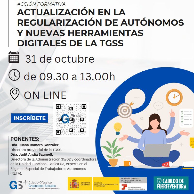 📢 ¡Atención! 💻

El próximo 31 de octubre no te pierdas la acción formativa “Actualización en la Regularización de Autónomos y Nuevas Herramientas Digitales de la TGSS”. 🚀

🔗 Inscríbete ahora! 👉 docs.google.com/forms/d/e/1FAI…

#GraduadosSociales #Formación