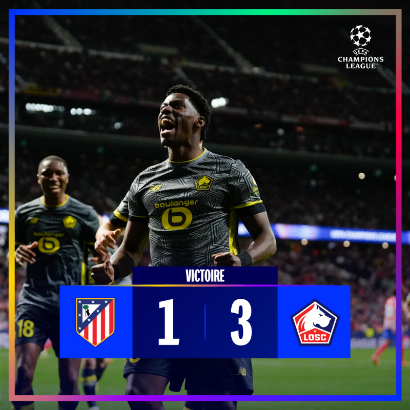losclive's tweet photo. 𝑭𝒂𝒏𝒕𝒂𝒔𝒕𝒊𝒒𝒖𝒆. 𝑯𝒊𝒔𝒕𝒐𝒓𝒊𝒒𝒖𝒆. 𝑴𝒚𝒕𝒉𝒊𝒒𝒖𝒆 ⚜️

Après le Real Madrid à la maison, le LOSC s'offre l'Atletico, chez lui, 3-1 avec un doublé de Jonathan David et un but d'Edon Zhegrova 😍

Place au Derby du Nord dans 3 jours 👊

#AtletiLOSC 1-3 I 90'