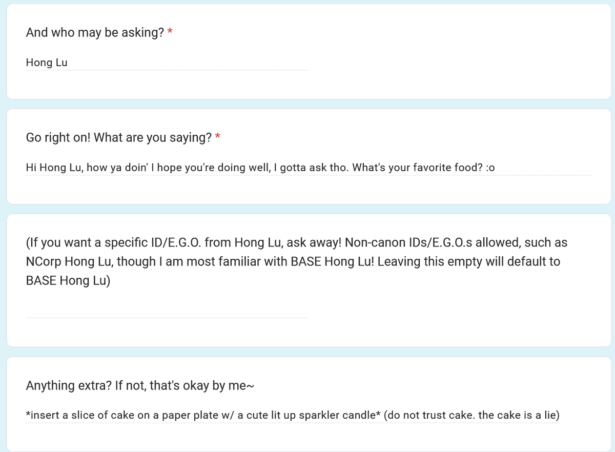 I'm doing good, Hong Lu! 

There was this one dish back home that I loved... The butlers never told me the name of it, so I assumed it was something common, but I haven't seen it in a while..

Ah well~ Thank you for the cake though!