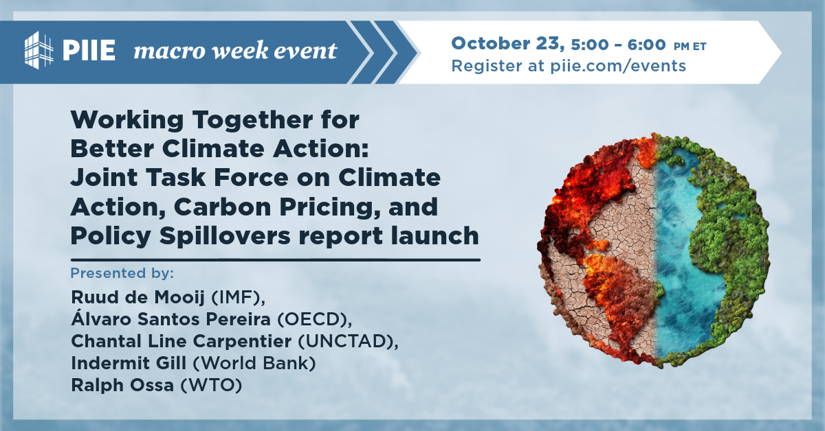 PIIE's tweet image. NOW: The #MacroWeek2024 launch of a report by a Joint Task Force on Climate Action, Carbon Pricing, &amp;amp; Policy Spillovers comprised of a stacked cast from @IMFNews, @OECD, @UNCTAD, @WorldBank, &amp;amp; @WTO. 
Watch live: piie.com/events/2024/ma…