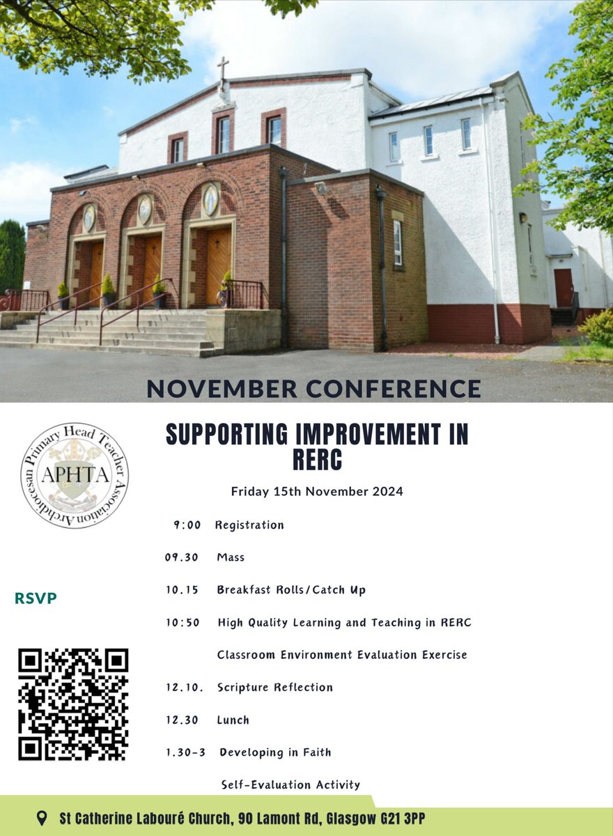 Glasgow APHTA (@aphtaglasgow) on Twitter photo Our APHTA November Conference will take place on Friday 15th November in St Catherine Labouré in Balornock. Our theme is ‘Supporting Improvement in RERC. We hope to see our <a href="/ArchdiocGlasgow/">Archdiocese of Glasgow</a> HT Colleagues there. #CommunityOfFaith #SchoolImprovement #DevelopingInFaith Our APHTA November Conference will take place on Friday 15th November in St Catherine Labouré in Balornock. Our theme is ‘Supporting Improvement in RERC. We hope to see our <a href="/ArchdiocGlasgow/">Archdiocese of Glasgow</a> HT Colleagues there. #CommunityOfFaith #SchoolImprovement #DevelopingInFaith