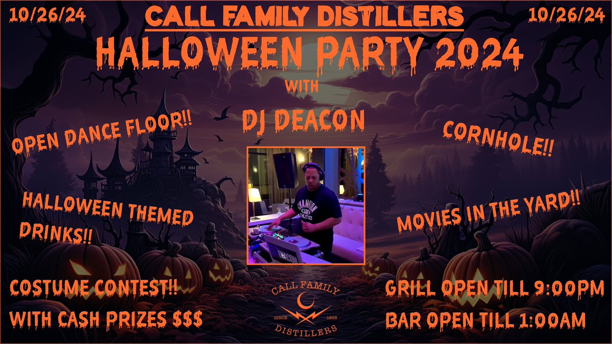 CallDistillers's tweet photo. 🎃This Saturday at Calls🎃

Our Fourth Annual Halloween Party with DjDeacon!! Come out for some great drinks, an open dance floor, movies in the yard, and corn hole!! Come party with us this weekend!! See y’all soon!!👻🎃👻 https://t.co/mqz7lZRgkE