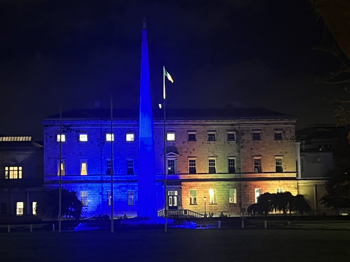The national colours of #Ukraine projected onto the Houses of the Oireachtas tonight
