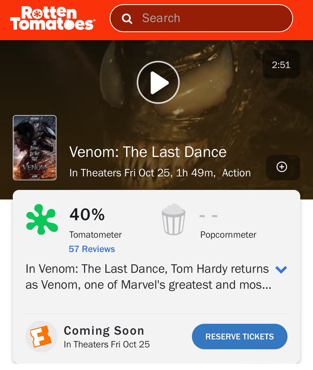 FilmUpdates's tweet photo. ‘VENOM: THE LAST DANCE’ debuts with 40% on Rotten Tomatoes from 57 reviews. https://t.co/vUl8dafD4T