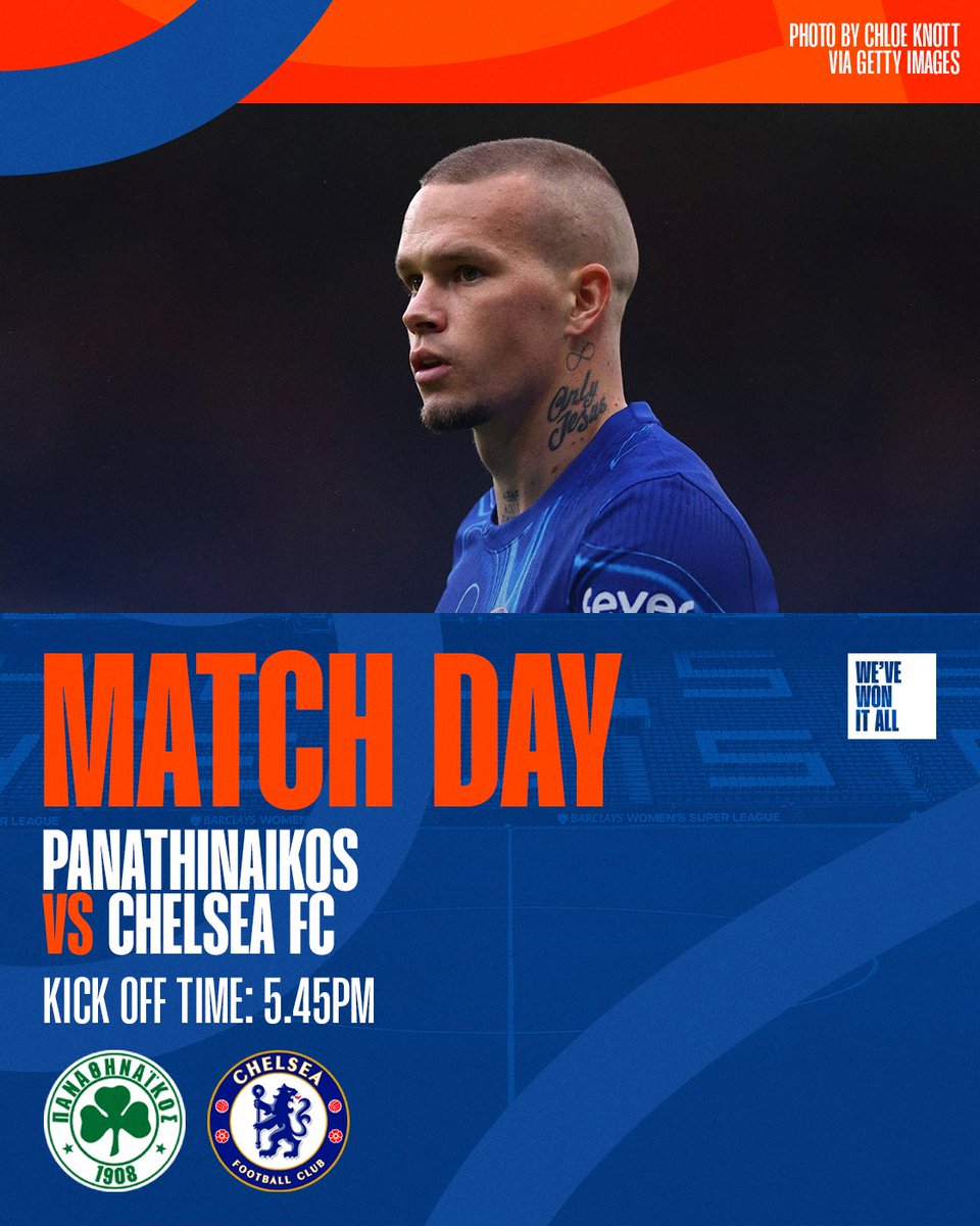 𝐌𝐀𝐓𝐂𝐇 𝐃𝐀𝐘! 🙌

🆚 Panathinaikos
🏆 Conference League
🕐 5.45pm
🏟️ Athens Olympic Stadium
📺 TNT Sports 

#CFC #ChelseaFC