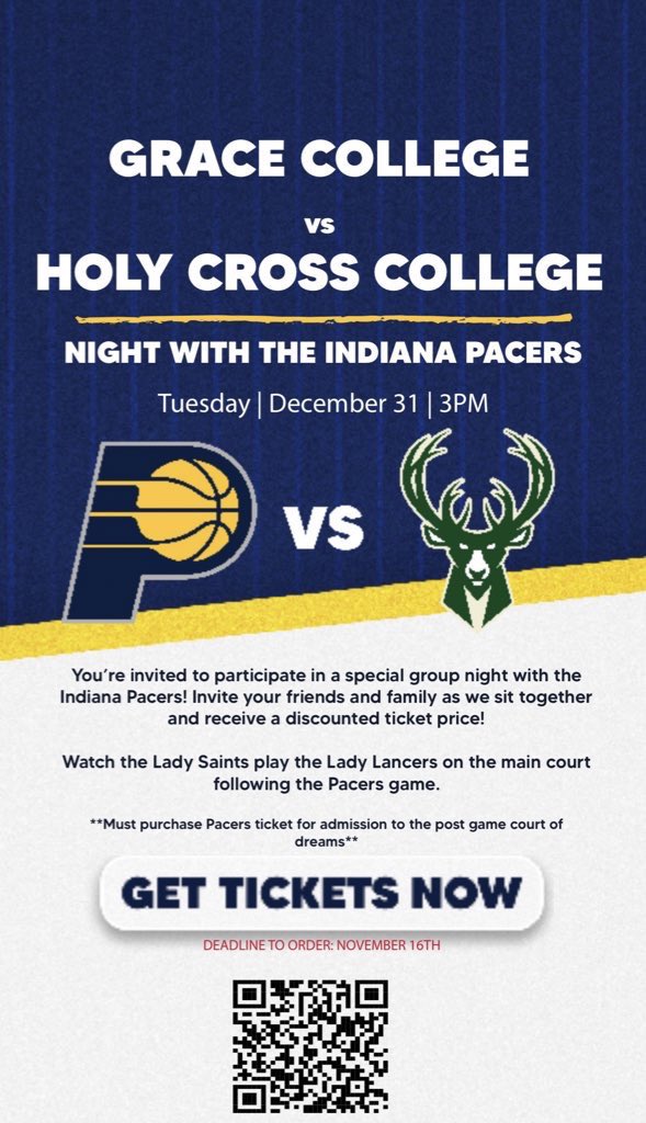 Buy your tickets and mark your calendars! The Saints are headed downtown Indy to face Grace College after the Pacers game🏀💙💛🐶

link to purchase your ticket⬇️

fevo-enterprise.com/event/Saintsla…