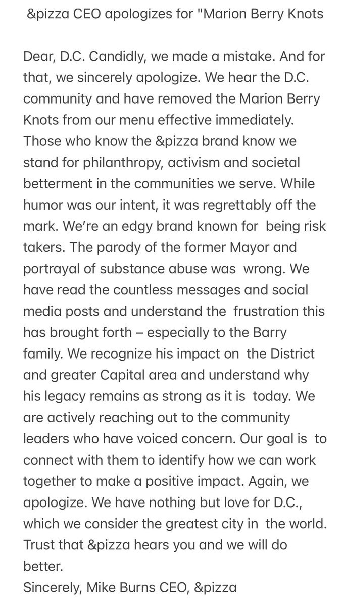 WashInformer's tweet photo. &amp;Pizza CEO Issues an Apology for Marion Berry Knots. 

“The parody of the former Mayor and portrayal of substance abuse was wrong” https://t.co/cLj95kn3ZM