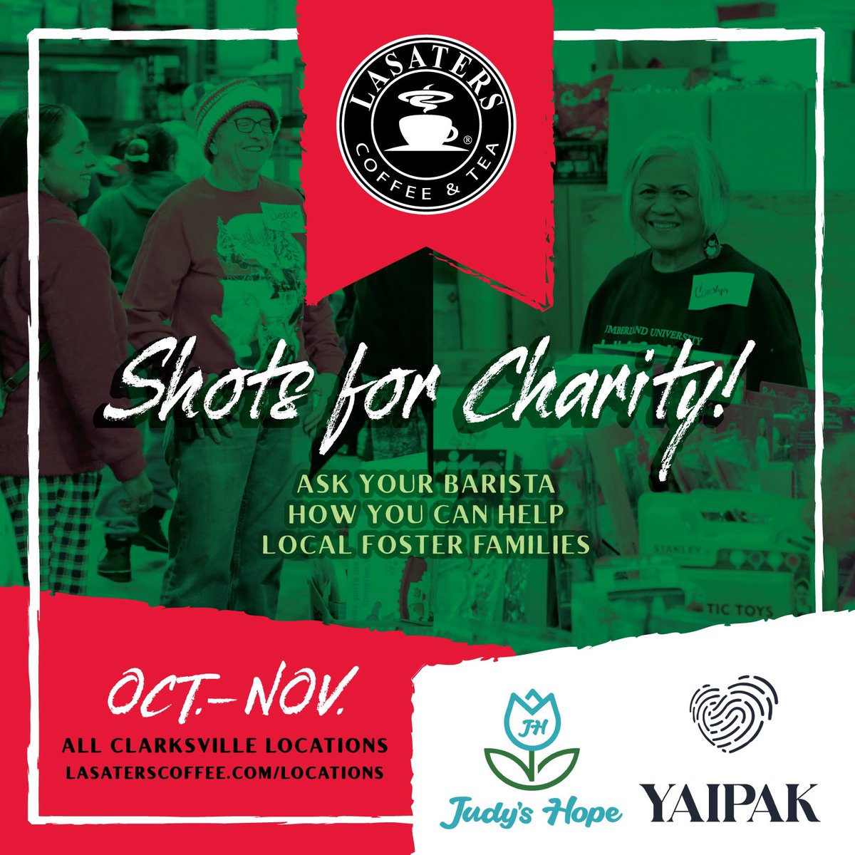 Clarksville, help us help local foster families through <a href="/YAIPakOutreach/">YAIPak</a> this October-November! 🎄🎁❤️ Stop by any of our Clarksville locations and add an extra shot of espresso to your drink, and/or drop off kids’ gloves, hats, and small toys.  See barista to learn more! 👋☺️☕️