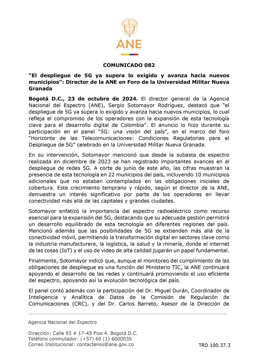 ANE_Colombia's tweet photo. #ANEInforma l El despliegue de 5G ya supera lo exigido y avanza hacia nuevos municipios”: Director de la @ANE_Colombia en Foro de la Universidad Militar Nueva Granada @lamilitar.

Conoce toda la información en: https://t.co/kr0dL5QOja https://t.co/IOxqkfx1FH