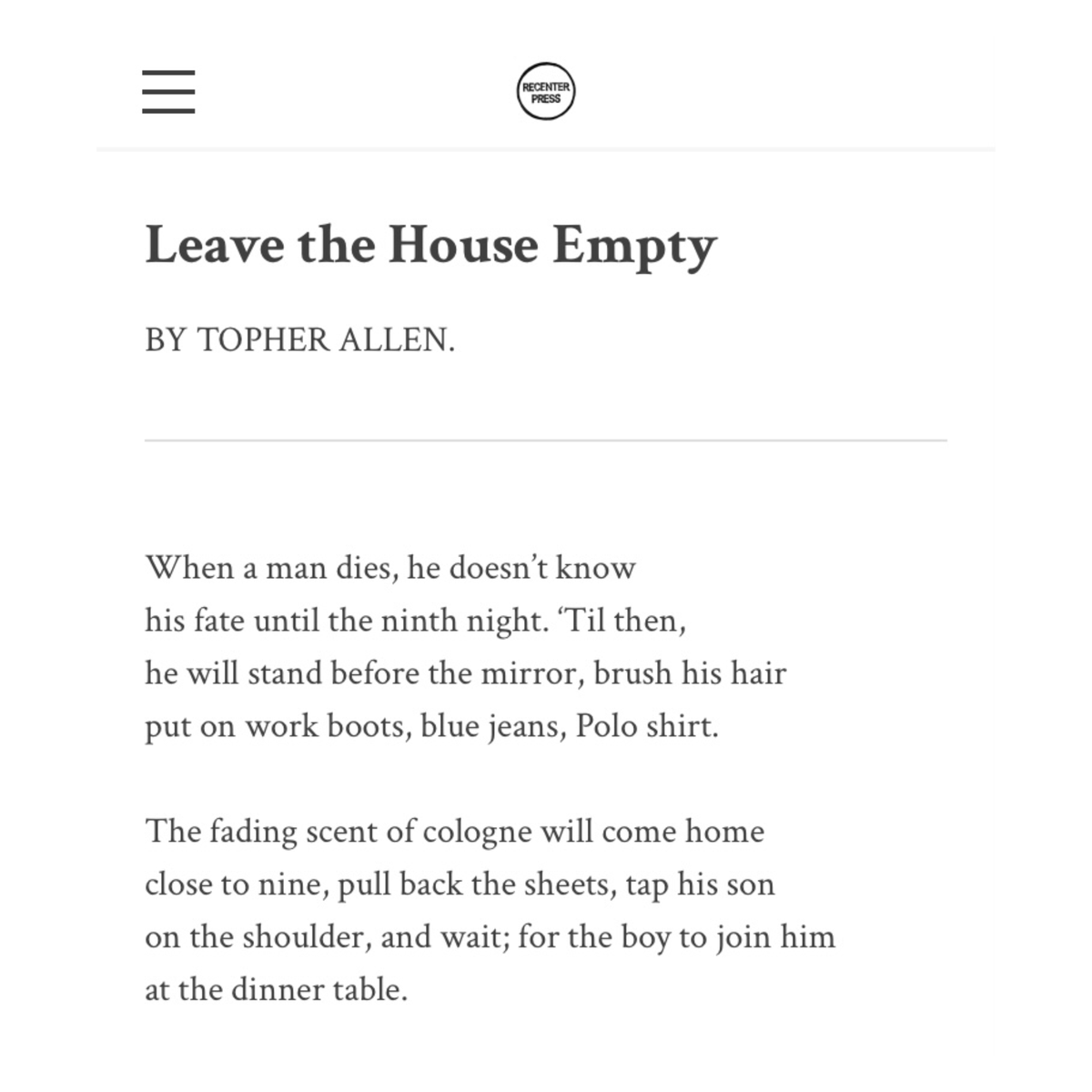 recenterpress's tweet photo. “Leave the House Empty” by Topher Allen, in Issue Five of the Recenter Press Poetry Journal https://t.co/wI1LYQNhuP