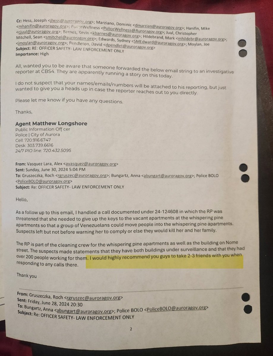 Emails that went out to the entire <a href="/AuroraPD/">Aurora Police Dept</a> confirming that officers were advised to respond in numbers and with an armored vehicle to Whispering Pines. A report was made that "these guys" have over 200 people working for them. Still not a gang takeover over the complex? It's
