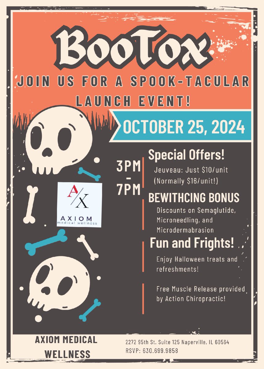 ACSICNaperville's tweet photo. @actionchiropractic are SO excited to announce the arrival of AXIOM MEDICAL WELLNESS to Naperville! Come join us on October 25 from 3-7 for our inaugural BOOtox party! Enjoy refreshments and discounted #botox, #semaglutide, #tirzepitide, #coolsculpting, #TRT and #ART therapy. https://t.co/bnEhTZxDXi