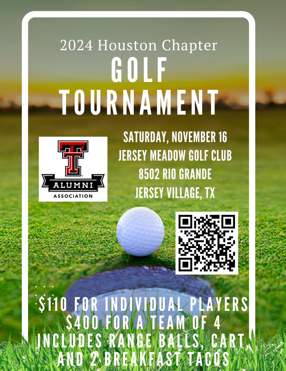 houstonttaa's tweet image. Attention golfers, it’s that time of year again for our annual Texas Tech Alumni Golf Tournament! Join us Saturday, November 16th at Jersey Meadow Golf Club for a shotgun start. Click the link below to register individually or for a foursome.
texastechalumni.org/s/1422/a22/int…