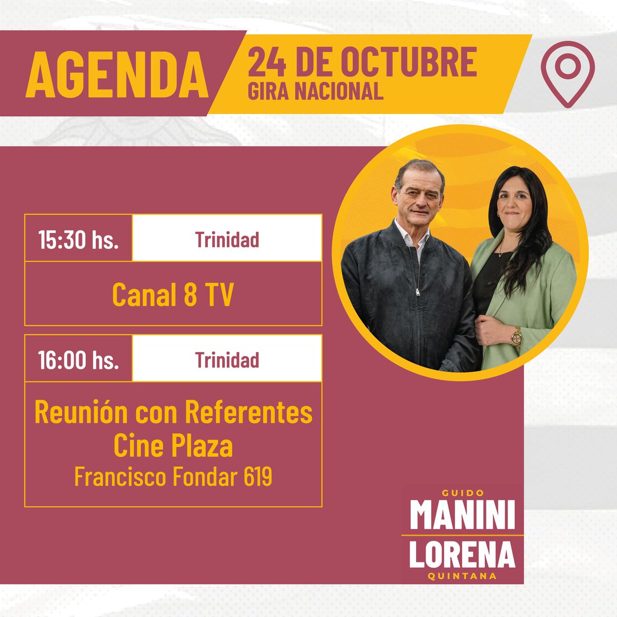 🟠𝗚𝗶𝗿𝗮 𝗡𝗮𝗰𝗶𝗼𝗻𝗮𝗹 🟠

Mañana estaremos en #Paysandú, #FrayBentos y #Trinidad.

¡Los esperamos!

#ALoSeguro #ManiniPresidente <a href="/Cabildo_UY/">Partido Cabildo Abierto</a> <a href="/DraLorenaQuint1/">Dra.Lorena Quintana</a>