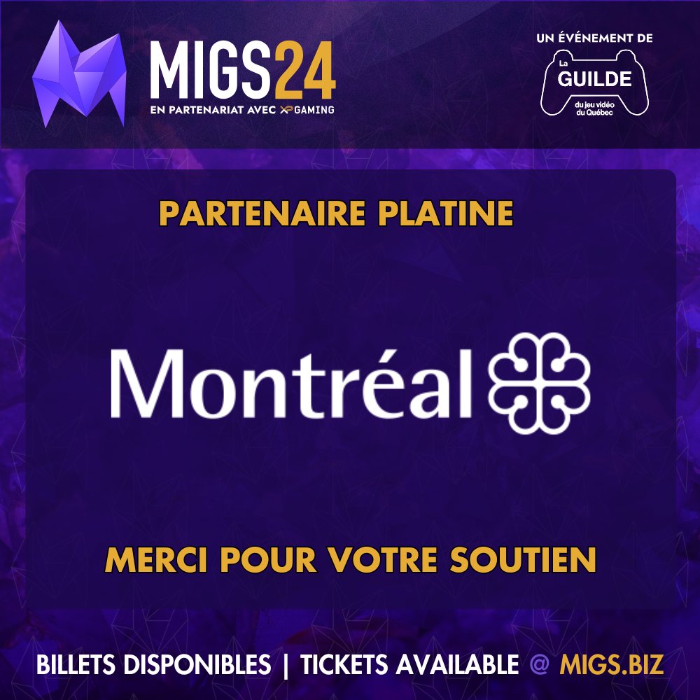 <a href="/LaGuildeQuebec/">La Guilde du jeu vidéo du Québec</a> souhaite remercier la Ville de Montréal (<a href="/MTL_Ville/">Ville de Montréal</a>) pour son soutien financier au Sommet international du jeu de Montréal 2024.

Partenaire de première heure du développement économique de notre industrie, Montréal peut être fière de son statut de 5e centre