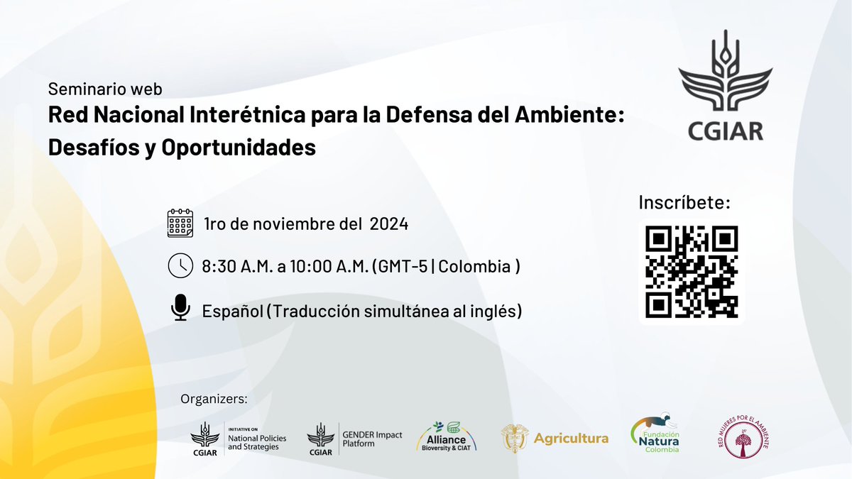 🌍✨ ¡No te pierdas el seminario "Red Nacional Interétnica para la Defensa del Ambiente: Desafíos y Oportunidades"!
🗓️ 1ro de nov. 2024, 8:30-10:00am (Colombia)
🌐 Traducción simultánea al inglés
Inscríbete aquí 👉 zoom.us/j/97189073796
<a href="/fundacionnatura/">Fundación Natura Col</a> <a href="/MinAgricultura/">Min. de Agricultura</a>