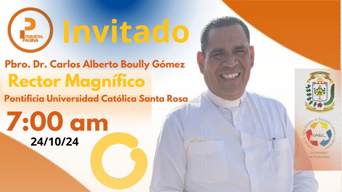 Este Jueves, 24 de #Oct, nuestro Rector Magnífico, Pbro. Dr. Carlos Alberto Boully Gómez, estará como invitado en el programa Primera Página, que se transmite por <a href="/globovision/">Globovisión</a>. 7:00 AM. No te lo pierdas