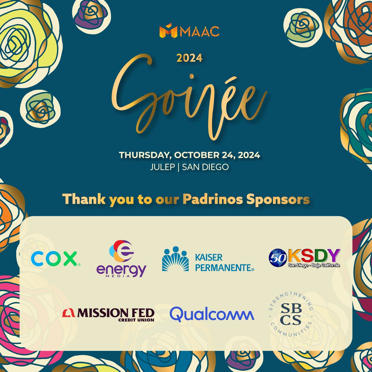 Together we are opening doors of opportunity for San Diegans! 🤝Our deepest thanks to our #MAACSoiree2024 Padrinos Sponsors <a href="/kpthrive/">Thrive with KP</a>, <a href="/CoxComm/">Cox</a>, Energy Media, @missionfed, <a href="/Qualcomm/">Qualcomm</a>, <a href="/SBCSSanDiego/">SBCS</a>, and @KSDY50 for their generous contributions!