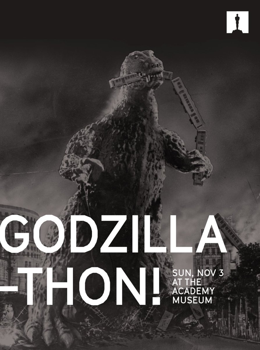 GODZILLA-THON is smashing into the Academy Museum on November 3rd! 

We're celebrating 70 years of Godzilla with kaiju-sized surprises, a Godzilla meet &amp; greet, + 5 epic films: Gojira, Destroy All Monsters, Godzilla vs. the Smog Monster, Shin Godzilla &amp; Godzilla Minus One! 

🎟:
