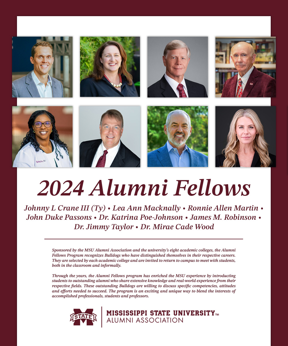 Before they convene on campus this weekend, meet our 2024 class of MSU Alumni Fellows! 👏

Each Fellow will spend time with current MSU students and faculty to share insights from their career experiences.

🔗 msstate.edu/newsroom/artic…