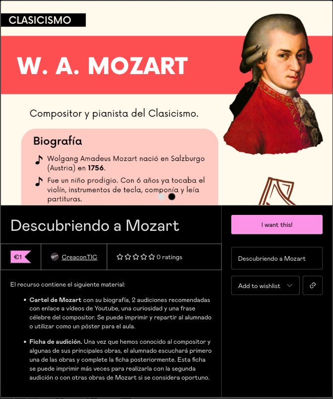Descubriendo a Mozart. Cartel con información sobre el compositor y ficha de audición. Nuevo recurso en nuestra cuenta de Gumroad 
➡️ mariajesusmusica.gumroad.com/l/xzzwhu?layou…