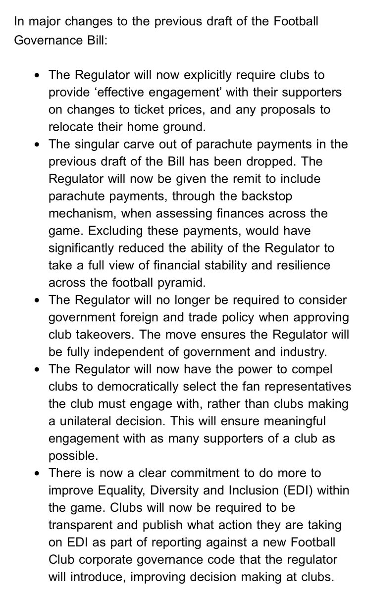 Hugely significant step forward in the fight to protect the game: Independent Football Regulator to be given even more powers. A “strengthened” Football Governance Bill, being introduced in the House of Lords on Thursday, will see major changes to the previous draft, including