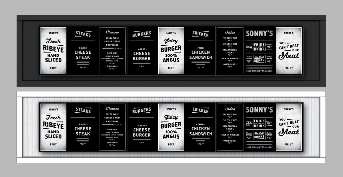 The digital menu displays for Sonny's will be installed in front of the hood above the cheesesteaks &amp; burgers being cooked

It's a big stainless steel kitchen hood that we'd like to 'neutralize' w/ some sort of constructed background

Considering basic painted woodwork backers...