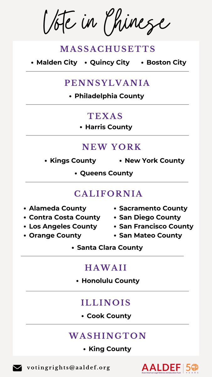 aaldef's tweet image. 13 days until Election Day! You can still register to vote online in Massachusetts and New York by this Saturday, October 26. 

👉 Swipe to see all of the places you can vote in Chinese this election season.