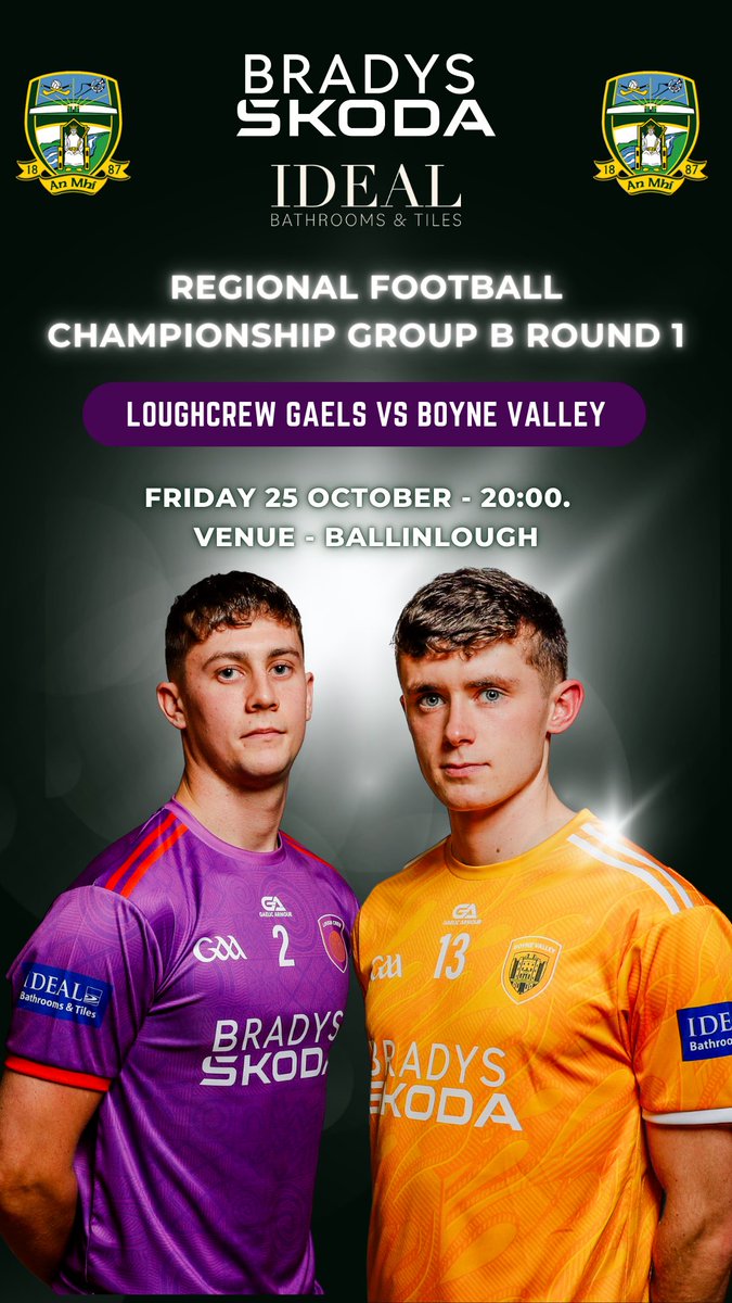 The Brady’s Skoda Regional FC gets underway on Friday in Ballinlough when Loughcrew take on the two time reigning champions Boyne Valley. 

Throw in on Friday night is at 20:00. 

📸 courtesy Paula Greif/www.sportsaction.ie 

#MeathRegionalChamp24 #HistoryCalls