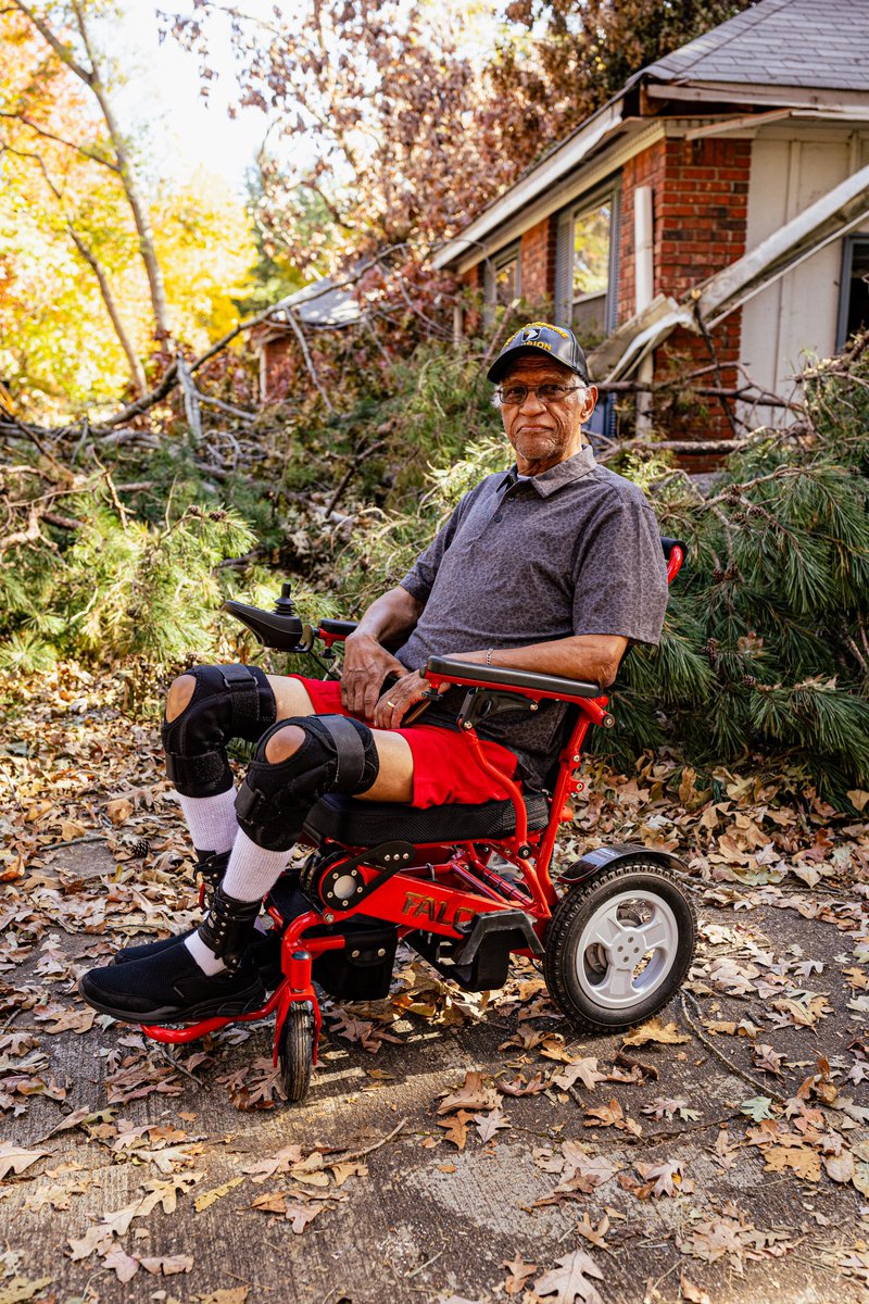 SavageFreedoms's tweet photo. Edward Funderburk. 101st Airborne Veteran. Severe tree damage to his home in Asheville three weeks ago during #HurricaneHelene. Today, @USArmy National Guard personnel and #SavageFreedomsReliefOperations volunteers showed up with tools in hand and love in their hearts. This is what America First looks like.