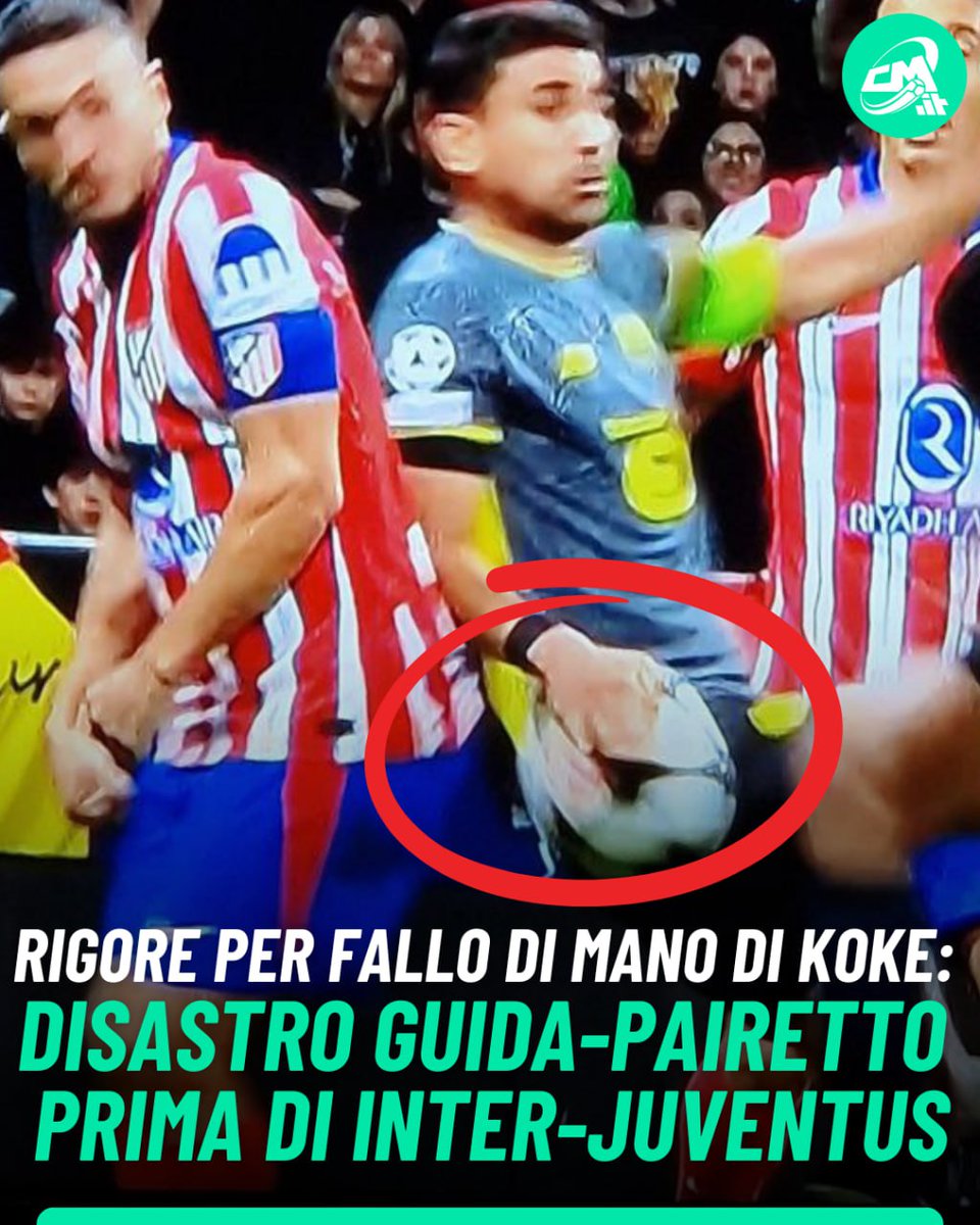 calciomercatoit's tweet photo. 😳 INCREDIBILE QUANTO SUCCESSO IN ATLETICO MADRID-LILLE 

😱 Assegnato un calcio di rigore ai francesi per fallo di mano di #Koke, con la decisione confermata anche dal #Var. Il tocco, piuttosto evidente, è però del calciatore del #Lille  

😲 Il Var #Pairetto conferma il rigore. L'arbitro? #Guida, fischietto designato domenica per #InterJuve 💥💥