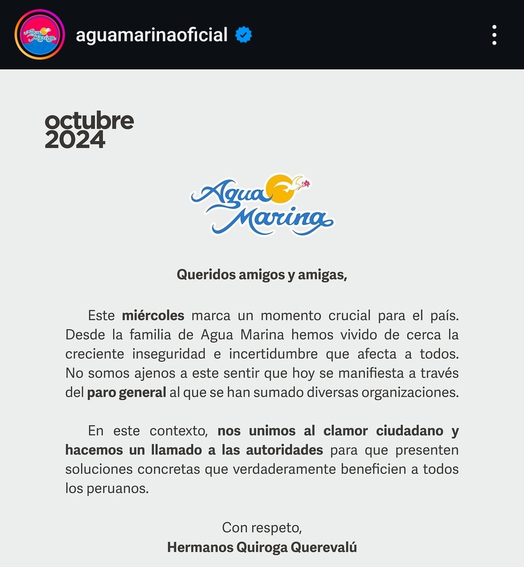 Mientras la agua mas rica del Perú "AGUA MARINA", se pronuncia ante la protesta de los transportistas, GRUPO 5 Y CRISTHIAN YAIPÉN, andan haciendo comunicados cojud0s de "No grabar en sus conciertos". 

Entonces ya sabemos cuál es el mejor de grupo de cumbia peruana no?