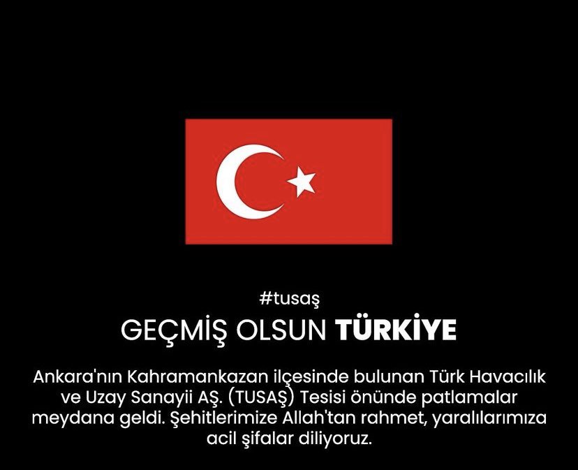 Türk Havacılık Uzay Sanayi’ye yapılan terör saldırısını kınıyoruz. 

Şehitlerimize Allah’tan rahmet, yaralılarımıza acil şifalar diliyoruz.

#Tusaş #Türkiye