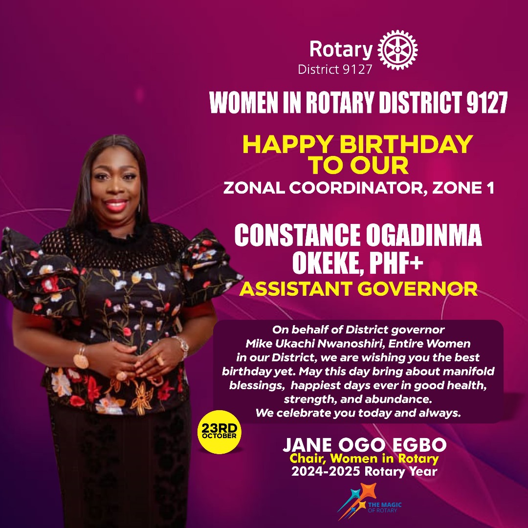 wirdistrict9127's tweet photo. WOMEN IN ROTARY DISTRICT 9127

CELEBRATING OUR ZONAL CO-ORDINATOR, ZONE 1
AG CONSTANCE OGADINMA OKEKE, PHF +

Cheers to Assistant Governor Constance Ogadinma Okeke,  Zonal Coordinator,  Zone 1, Women In Rotary as you celebrate plus one today. https://t.co/RM9b4TAJPx