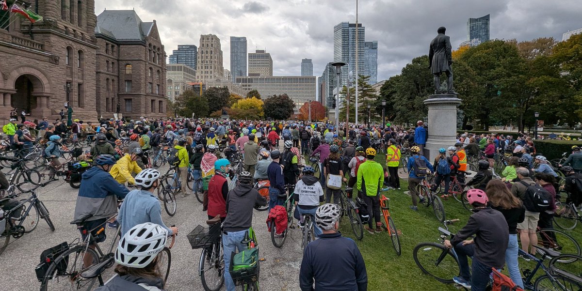A huge and passionate crowd gathered at Queen's Park to let <a href="/fordnation/">Doug Ford</a> know that bicycle infrastructure saves lives and is a key part of *actually* addressing traffic congestion. More people biking = less people driving. #BikeTO #TOpoli #ONpoli