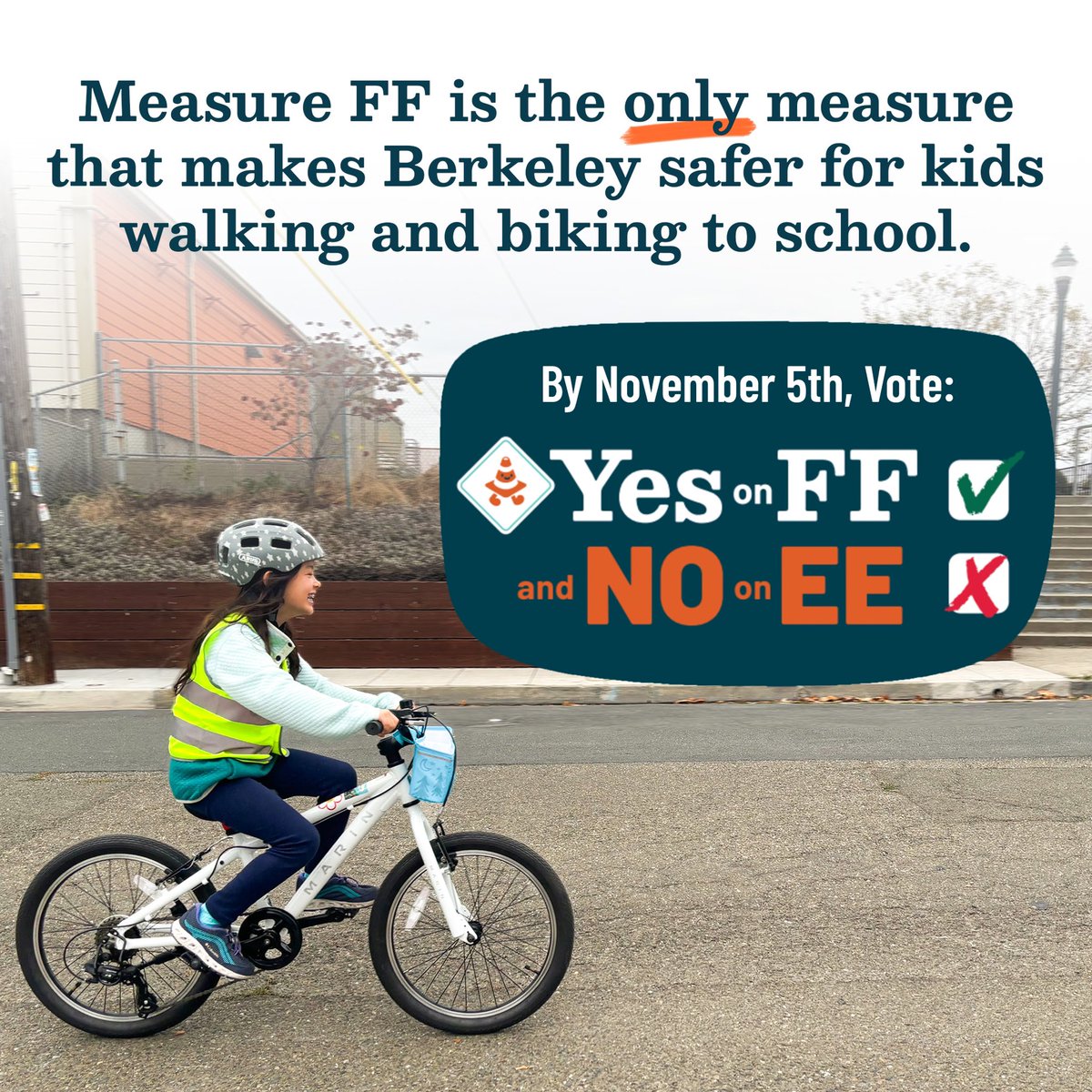 Election Day is less than two weeks away! Help secure victory for safe streets in Berkeley by spreading the word: 

Yes on FF ✅
No on EE 🚫

Donate, volunteer, and request a lawn sign at YesonFF.com