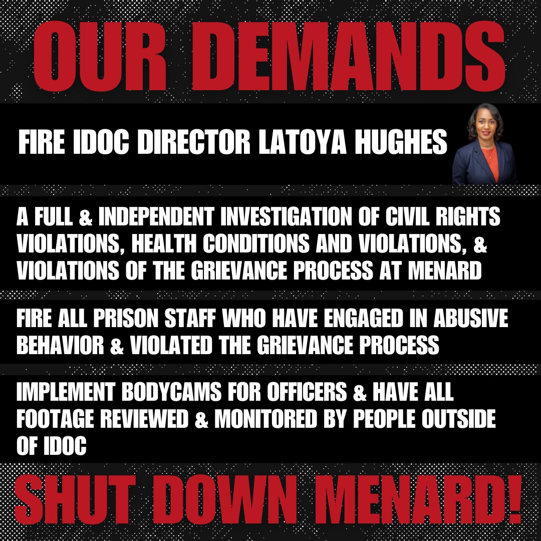 Join us on November 1st ( 10 am, 555 W Monroe) to pressure Gov Pritzker to take action against the horrific and inhumane  conditions at Menard Prison—including physical abuse, solitary confinement, and other forms of torture