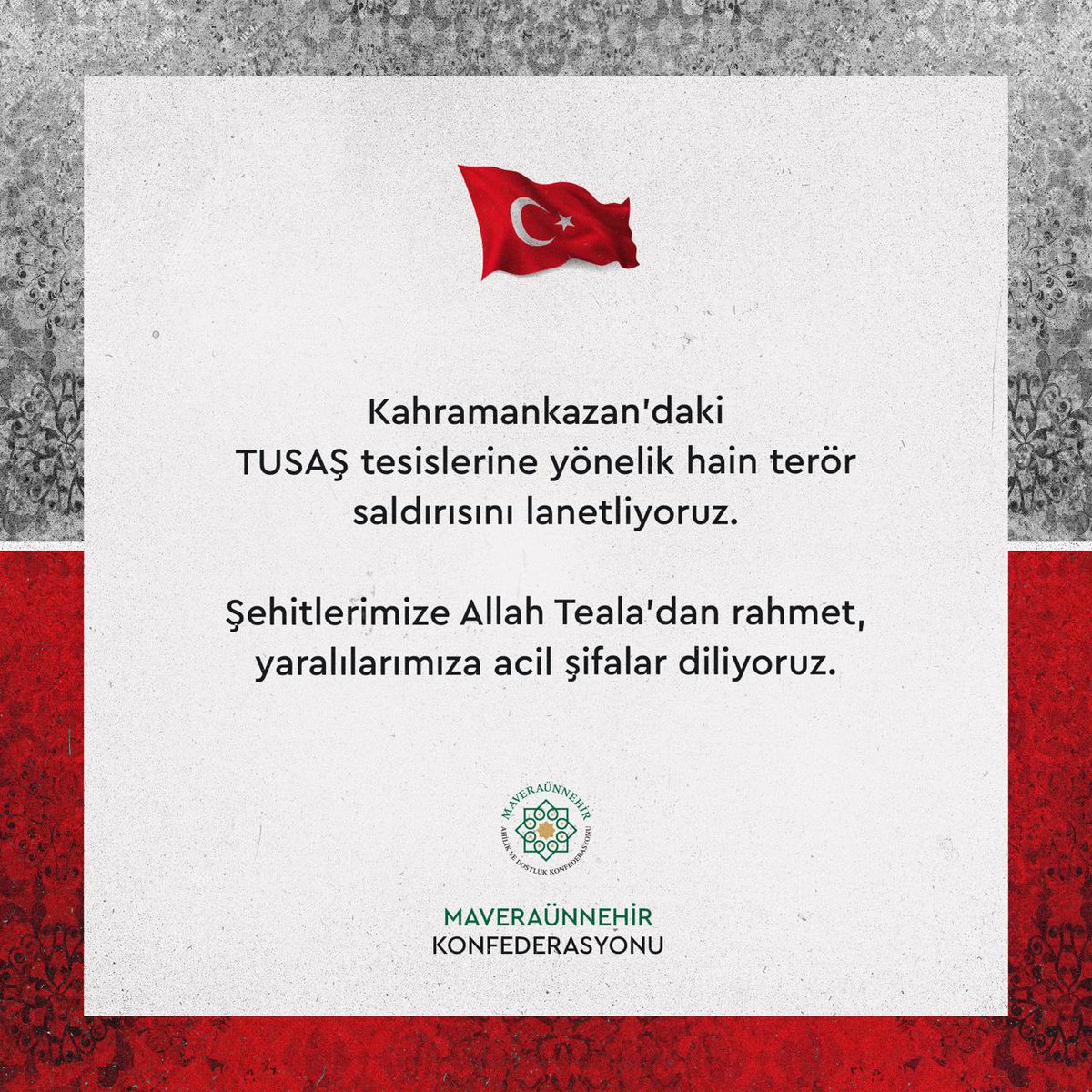 Kahramankazan'daki TUSAŞ tesislerine yönelik hain terör saldırısını lanetliyoruz. 

Şehitlerimize Allah Teala'dan rahmet, yaralılarımıza acil şifalar diliyoruz.