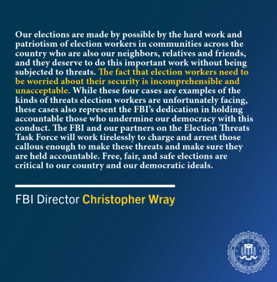 ryanjreilly's tweet photo. FBI Director Chris Wray: “The fact that election workers need to be worried about their security is incomprehensible and unacceptable... Free, fair, and safe elections are critical to our country and our democratic ideals." https://t.co/aipiHFKPlh