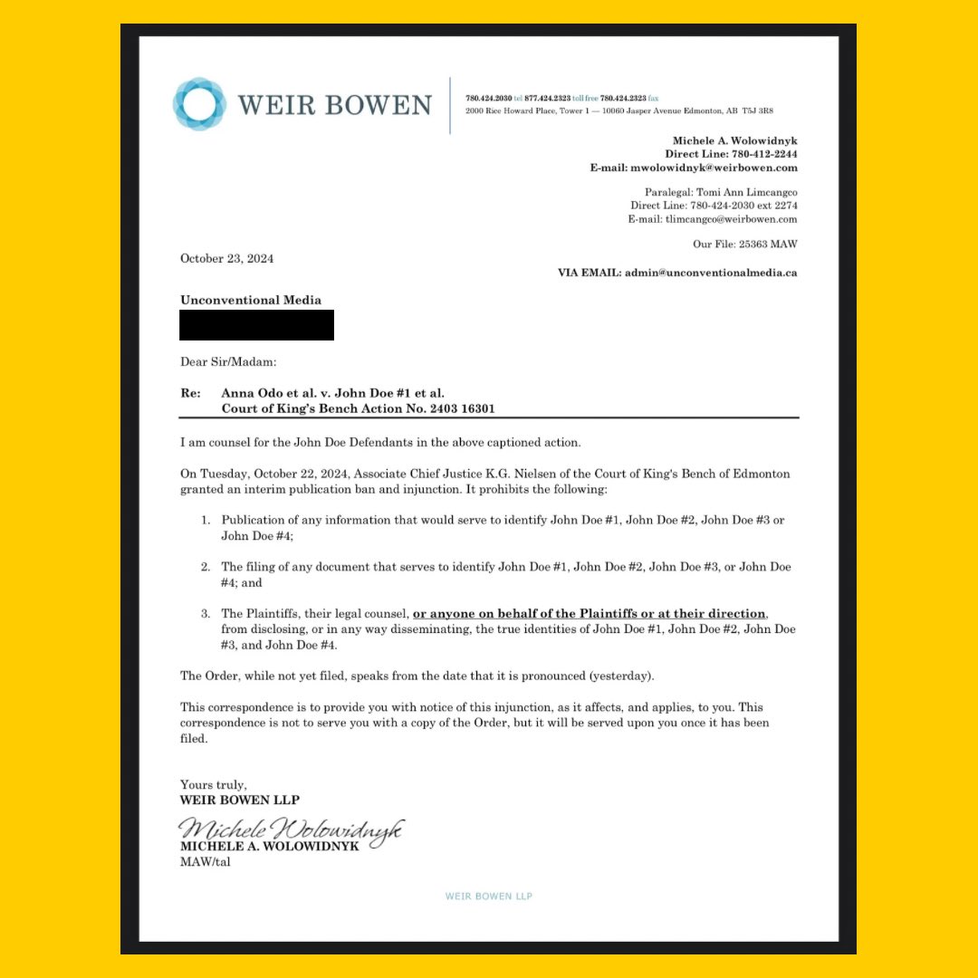 HaruunYEG's tweet photo. Earlier today, the legal counsel for the John Doe Defendants (the unidentified EPS officers) served my business, Unconventional Media, with notice that the Court of King’s Bench of Edmonton has granted an interim publication ban and injunction. https://t.co/jlW0VFW8Io