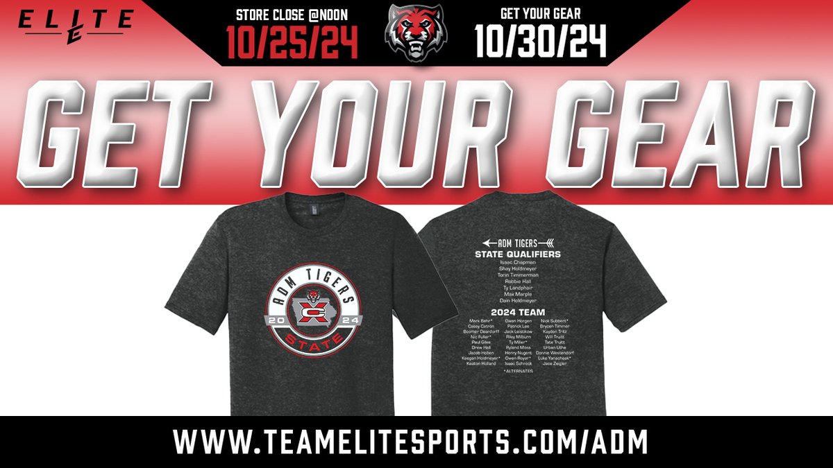 ADM Boys XC (@admboysxc) on Twitter photo Get your State Meet shirts ordered before Friday at Noon.
stores.teamelitesports.com/admxc
<a href="/admactivities/">ADM Tigers</a> Get your State Meet shirts ordered before Friday at Noon.
stores.teamelitesports.com/admxc
<a href="/admactivities/">ADM Tigers</a>