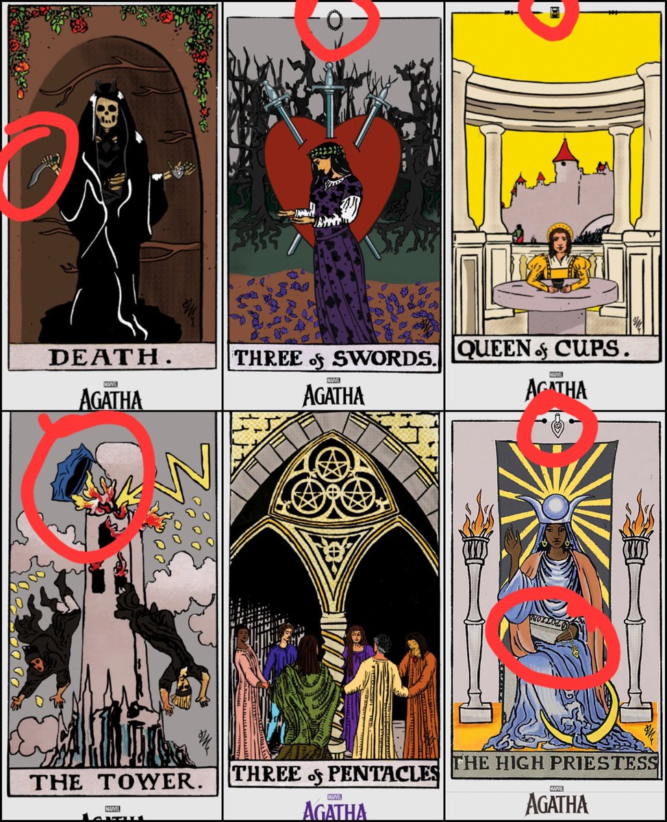 faux_rich's tweet photo. RIGHT UNDER OUR NOSES THE WHOLE TIME! the shape of the necklaces appears on top of the tarot cards #agatha    #AgathaAllAlong    #AGATHARIO #tarot https://t.co/8AU2MF7JZx